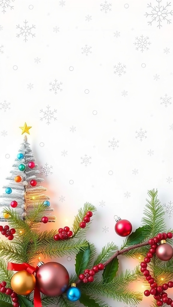 Christmas wallpaper with white background showcasing snowflakes, trees, and ornaments.